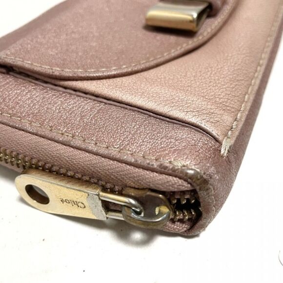 Chloe (Authentic) Pink Champagne Leather & Gold Bow Accent Zippy Long Wallet - Picture 5 of 11